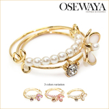 日本代购OSEWAYA新品2015年春花朵珍珠闪钻镂空组合戒指3枚组
