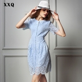 XXQ2016新款修身拼接蕾丝连衣裙夏气质短裙收腰显瘦短袖大码a字裙