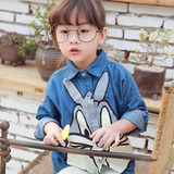 2016春款韩国童装女童卡通动漫中长款翻领牛仔衬衫长袖兔子潮款
