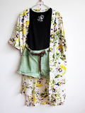 外贸女 韩版日式复古宽松印大花朵中长款和服式开衫雪纺外套 推荐