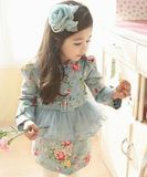 韩国童装女童春秋装2015新款韩版开衫外套甜美花卉儿童中长款风衣