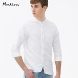 Markless夏季男士亚麻衬衫衬衣七分袖修身立领棉麻寸衫休闲上衣