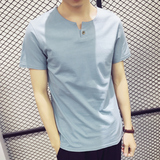男装夏季新款日系韩版修身潮青少年纯色T恤男装男短袖秋装V领T恤