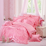 婚庆粉色绣花四件套韩式公主床上用品结婚六件套蕾丝床单边被套