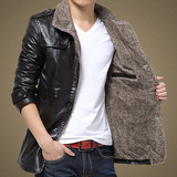 男士韩版皮夹克青年皮衣立领毛皮冬装中长款修身保暖皮毛大码外套