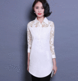 2016春季新款韩版女装衬衫式中长款长袖蕾丝打底衫