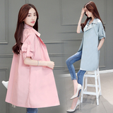 新款韩版纯色甜美直筒风衣外套女中长款薄款秋装七分袖开衫外套潮