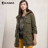 卡玛KAMA春装新款中长立领连帽修身显瘦休闲外套风衣女装7315767