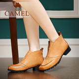 Camel骆驼女鞋 舒适休闲及祼靴 真皮方头中跟套脚女短靴