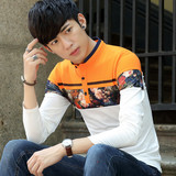 2016秋季新款印花男士长袖T恤立领橙色体恤韩版青少年潮男装上衣