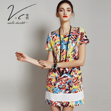 V.C2016夏装裙子新款短袖中长款A字裙欧美修身短裙印花女装连衣裙