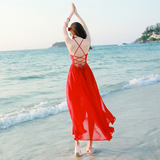 2016新品大红色开叉吊带露背雪纺连衣裙波西米亚长裙度假沙滩裙