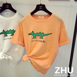 ZHU绿色小恐龙短袖T恤宽松竹节棉白色橘色中长款韩版韩国代购女