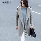 Amii[极简主义]2015冬连帽纯色羊毛毛呢外套大码中长款呢子大衣女