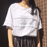 韩版2016夏季女装新款字母印花不锁边开叉宽松贴布上衣服短袖T恤