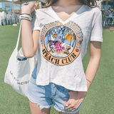 韩国东大门代购女装2016夏装新款休闲薄款卡通图案V领短袖T恤潮ll