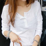 韩国竹节棉宽松纯棉长袖T恤白色圆领女装体恤纯色大码修身打底衫