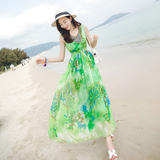 泰国海边度假必备甜美V领沙滩裙 胖MM大码宽松显瘦大摆海滩连衣裙