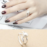 925纯银 简单光面双排珍珠纯银开口戒指 指环戒子 女礼物