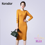 Koradior/珂莱蒂尔正品代购 羊毛针织打底裙长袖显瘦纯色连衣裙