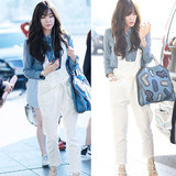 2015少女时代黄美英Tiffany同款 机场秀白色背带裤+衬衫