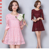 韩国夏季新款女装高档蕾丝连衣裙秋中袖中长款喇叭袖蕾丝打底衫