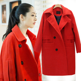专柜代购 2015新款中长款宽松羊绒神犬小七茧型红色大衣外套女