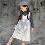 童装女童连衣裙春秋装新款2016韩版儿童纯棉长袖蕾丝公主裙假两件