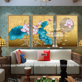 东南亚泰式风格手绘金箔画家居客厅卧室装饰画挂画壁画荷花三联画
