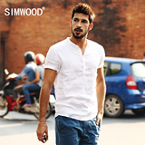 简木男装Simwood夏季新款休闲男士修身亚麻短袖衬衫男潮纯色衬衫