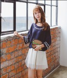 2015秋季甜美复古韩版森女系丝带短款灯笼七分袖蝙蝠针织衫毛衣女