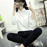2016新款韩版夏季长袖女白衬衫中学生显瘦修身刺绣衬衣寸衫寸衣女