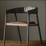 美式咖啡椅 复古铁艺做旧休闲椅西餐厅扶手实木真皮餐椅靠背椅子