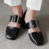 韩国代购欧美2016新皮带方扣装饰黑色中跟粗跟单鞋女方头浅口女鞋