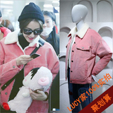 2015冬装迪丽热巴同款粉红色灯芯绒外套羊羔毛休闲宽松夹克上衣女