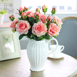 元素 法式轻奢浪漫仿真花套装 萝莉玫瑰搭配美式白色陶瓷水壶花瓶