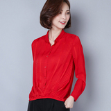 长袖衬衫女2016秋季新款韩版宽松休闲显瘦上衣红色时尚百搭雪纺衫