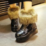 韩版冬款女鞋高跟厚底坡跟女短靴子仿狐狸毛雪地靴毛毛靴松糕棉鞋
