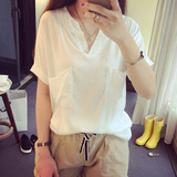 韩国夏装新品t恤女亚麻宽松显瘦纯色V领棉麻打底衫简约短袖上衣服