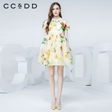 CCDD2016夏装专柜正品新款欧根纱热果印花百褶裙 高腰修身连衣裙
