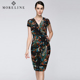 MORELINE沐兰正品夏季新款短袖气质修身印花一步裙女 中裙连衣裙