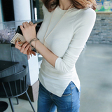 2016春季韩版下摆开叉长袖t恤女圆领修身白色纯棉打底衫纯色体恤