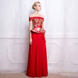2016新款中式红色敬酒服新娘长款一字肩修身鱼尾旗袍结婚礼服女