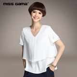 MISS GAMA2016夏季新款大码女装拼接雪纺短袖上衣白色v领t恤宽松