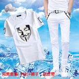 男装两件套夏季潮流韩版T恤短袖男士衬衫搭配牛仔休闲长裤一套装