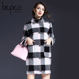bopos2015冬装新款韩版女显瘦呢子大衣中长款羊毛呢格纹外套大衣