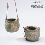 陶瓷挂绳批发陶瓷创意摆件吊篮粗陶复古桌韩国多肉绿植长方形花盆