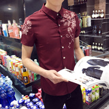 2016夏季男士短袖衬衫夏薄款男装衬衣中国风潮流衬衫修身型印花潮