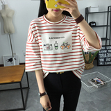 2016夏季韩版宽松条纹印花女短袖体恤学生T恤上衣春装女新款女装