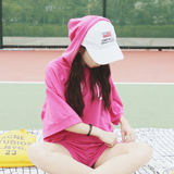 夏季女装韩版休闲运动套装连帽中袖t恤上衣+阔腿短裤两件套学生潮